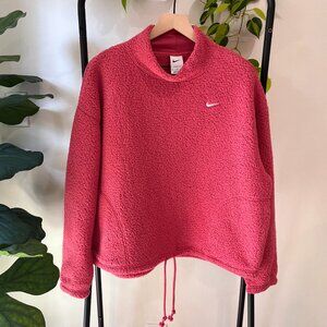 Nike Therma-FIT Sherpa Fleece Pullover Sweatshirt Pink Medium Drawstring Cozy